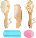 Goat Baby Hair Brush Set, Wooden Comb Massage Scalp Comb, Safe Natural Hair Care Kit, Soft Silicone Bath Brush for Newborns Toddlers (Brush Set+ Pink Massager)