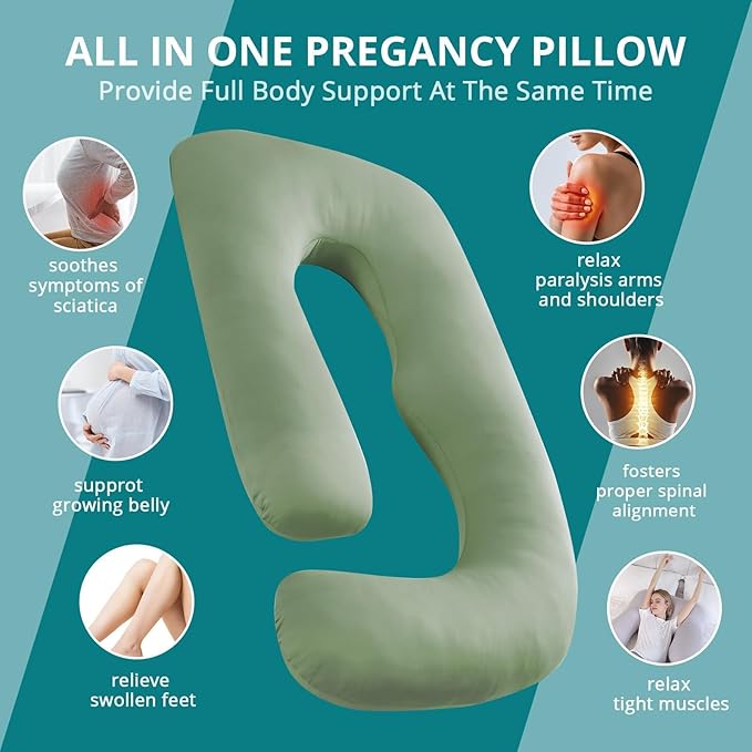 Sasttie Pregnancy Pillows for Sleeping, U Shaped Cooling Full Body Pillow with Removable Cover, Pregnant Women Must Haves, Maternity Essential, Green