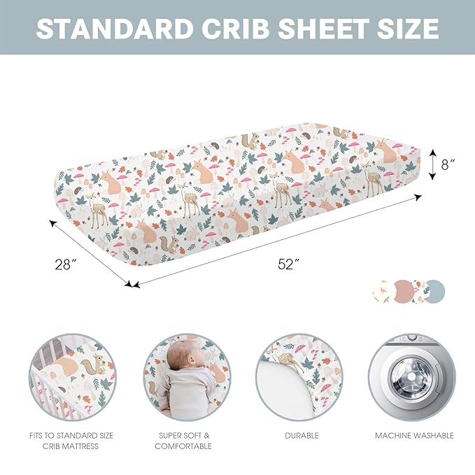 Bimocosy Crib Sheets for Boys Girls, Fitted Crib Sheet 4 Pack for Standard Crib and Toddler Mattresses, Super Soft Breathable Microfiber Baby Sheet 28x52x8in, Wetland Birds/Squirrel/Mauve/Fog Blue