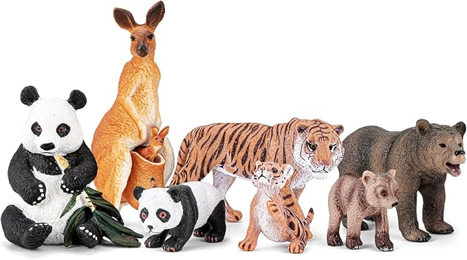 8PCS Safari Zoo Animals Figurines Toys, Realistic Plastic Mom and Baby Cubs Figures, Includes Panda,Grizzly Bear,Kangaroo,Tiger, Educational Learning Playset for Kids Boys Girls