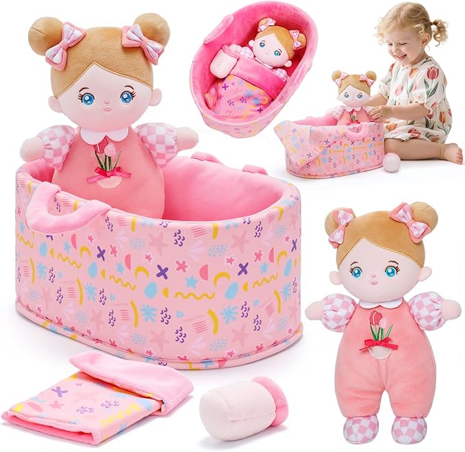 OUOZZZ 10" Soft Baby Doll Set with Plush Doll, Bassinet, Blanket and Bottle, Baby Doll Accessories Pretend Playset Emotional Social Doll for 2 Year Olds Girls Christmas Birthday Gift