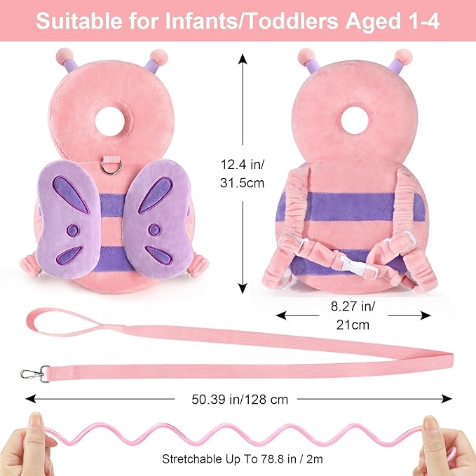 Baby Head Protection Backpack with Leash, Cute Toddler Protector Padded Pillow Carrier with Anti Lost Wrist Link for Crawling Walking, Butterfly Kid Harness Infant Cushion Pad for 6-18 Months Girls