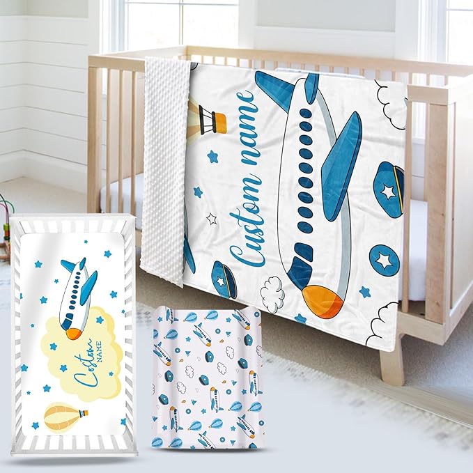 Personalized Baby Crib Bedding Set, Custom Name Aircraft Theme Nursery Bedding Set 3 Pcs, Baby Blanket Fitted Crib Sheet Changing Pad Cover, Personalized Nursery Decor Gift for Newborns Boys
