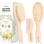 Baby Hair Brush and Comb Set for Newborn - Wooden Baby Hair Brush Set with Soft Goat Bristle, Baby Brush Set for Newborns, Baby Brush and Comb Set Girl, Boy, Toddler Cradle Cap Brush (Oval, Peach)