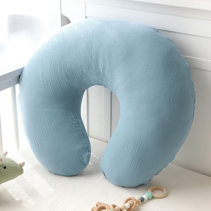 Baby Nursing Pillow Cover, Removeable Breastfeeding Pillow Slipcover, Muslin Nursing Case for Newborn Boys Girls, Soft Fabric Fits Snug On Infant, Washable & Breathable, Blue (Cover Only)