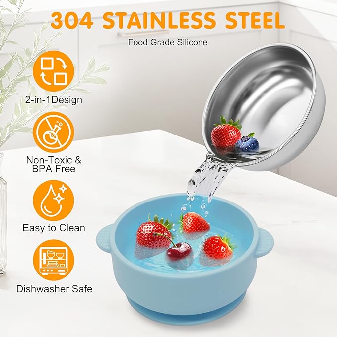 4 Pack Stainless Steel Baby Bowls with Suction, 2-in-1 SUS304 Toddlers Bowl & Removable Silicone Suction Kids Bowl Anti Scald Non Toxic Snack Container for Baby Food Feeding