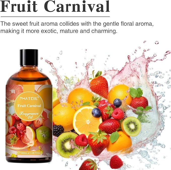 PHATOIL 3.38FL.OZ Fruit Carnival Fragrance Oils for Aromatherapy, Essential Oils for Diffusers for Home, Perfect for Diffuser, Yoga, Skin Care, DIY Candle and Soap Making - 100ml