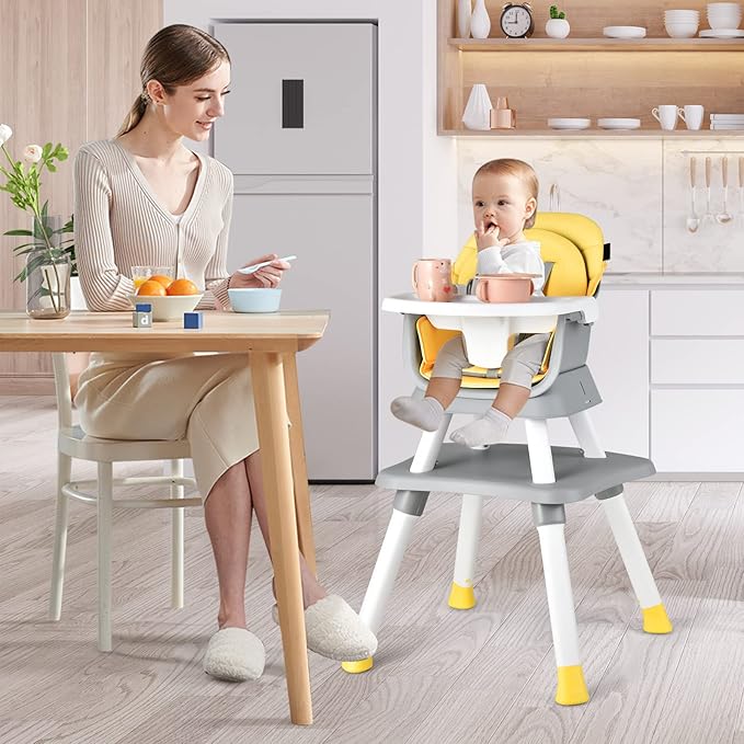 KOTEK Baby High Chair, 8 in 1 Convertible Highchairs for Babies and Toddlers, Building Block Table, Booster Seat, Toddler Chair with Removable Tray, Safety Harness, Dual Cushions (Yellow)