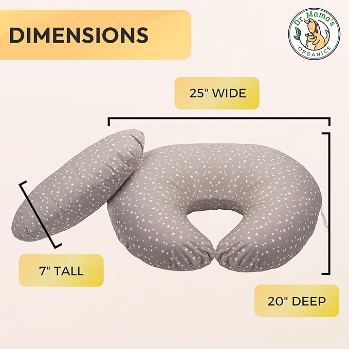 Dr. Mama's Organics Nursing Pillow with Lumbar Support - Ergonomic Design Helps Relieve Back Pain and Arm Fatigue - for Bottle and Breastfeeding - Removable Organic Cotton Cover - (Gray Stars)