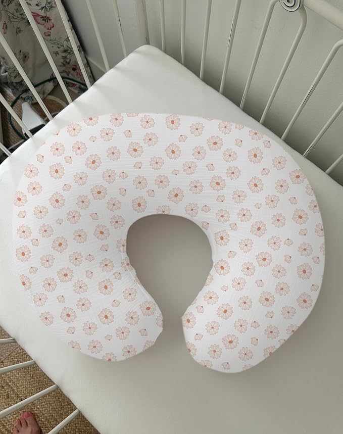 Nursing Pillow Covers 2 Pack, Muslin Nursing Cover for Breastfeeding Pillows, Comfortable for Baby Girls and Boys (Dusty Rose & Flower)