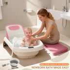 Baby Bathtub for Newborn to Toddler, Reclining Newborn Bathtub, Adjustable Baby Tub with Drain Plug, Bath Kneeler Pad & Clean Rinse Cup, 0-36 Months (Pink)