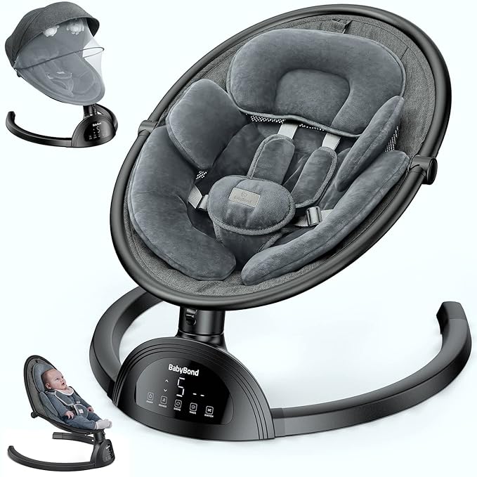 BabyBond Baby Swings for Infants, Bluetooth Infant Swing with Music Speaker, 3 Seat Positions, 5 Point Harness Belt, 5 Speeds and Remote Control - Portable Baby Swing for Indoor and Outdoor (Black)