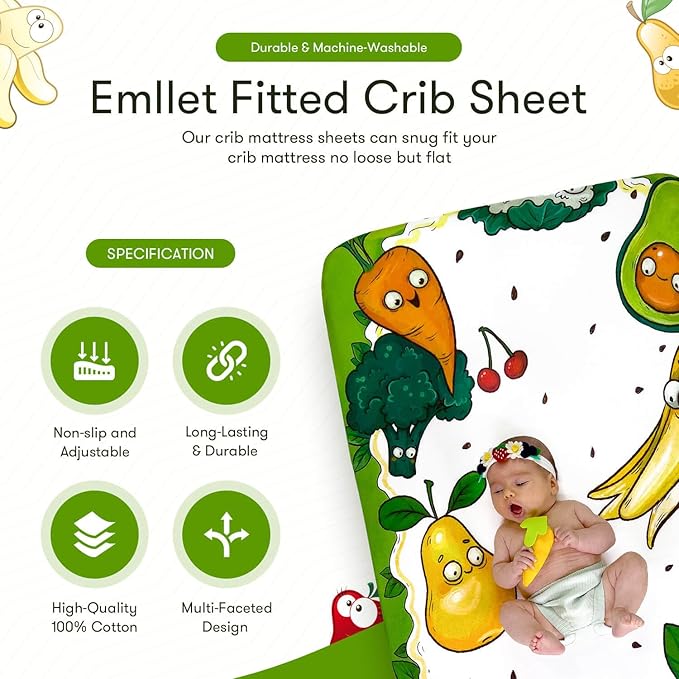 100% Cotton Fitted Crib Sheet, Happy Harvest Fruit and Veggie Theme, Breathable Baby Nursery Bedding, Standard 52 x 28 in Crib Fit