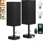 Bedside Table Lamps Set of 2 - Black Bedroom Lamps with 3 Color Temperatures (3000K/5000K/4000K), Two Square Nightstand Lamps with USB C + A Charging Ports, Pull Chain Small Night Light for End Table