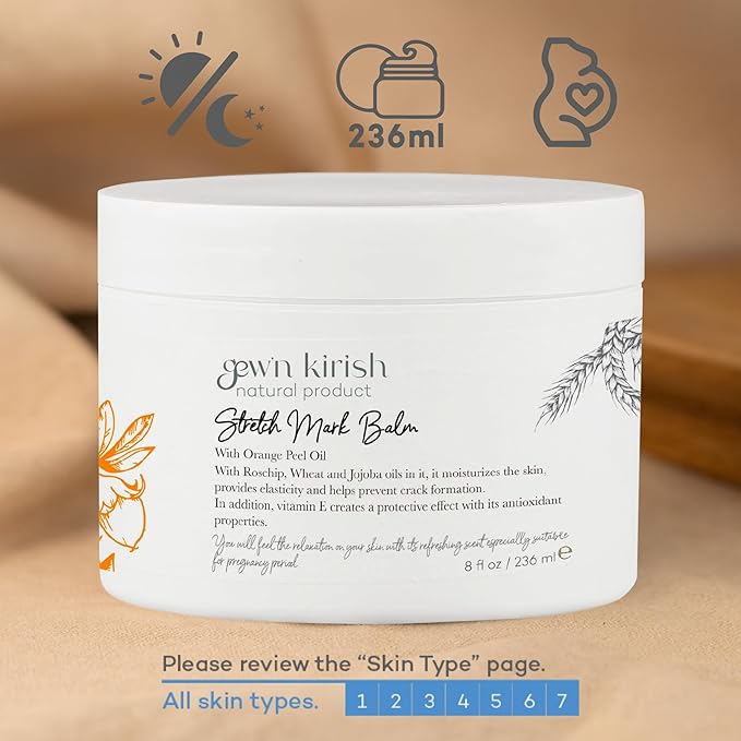 GEW’N KIRISH Natural Stretch Mark Balm – Pregnancy-Safe Moisturizer with Shea Butter, Orange Peel Oil & Jojoba | Non-Greasy, Petrolatum-Free, Whole Body Use, 8 oz