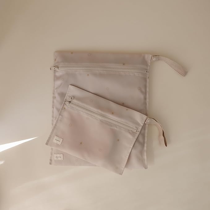 mushie Water Resistant Wet Bags | Large & Small Reusable Storage Bag for Baby Items and Travel | Zippered Pockets with Handle | Machine Washable, Set of 2 (Sun)