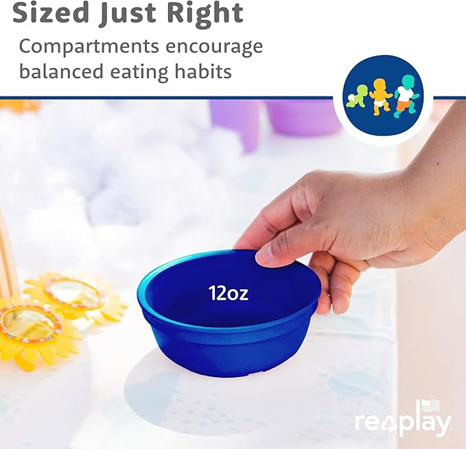 Re-Play 12 Oz. Toddler Bowls for Snack and Everyday Dining - Dishwasher and Microwave Safe - Made in USA - Set of 3-5.75" x 5.75" x 2" - True Blue