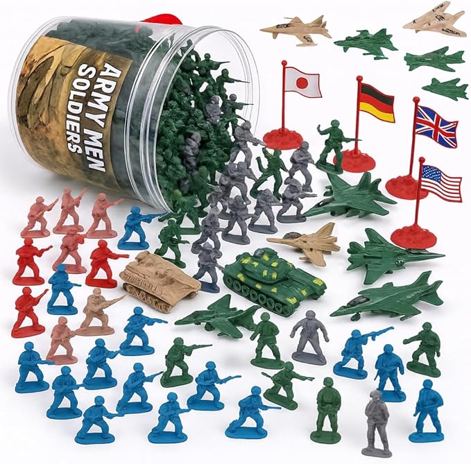 Liberty Imports Army Men Toy Soldiers Playset Bucket – WWII Action Figures with Military Vehicles, Accessories & Flags – Kids Imaginative Battle Toy Set (124 PCS - Soldiers + Mini Vehicles)