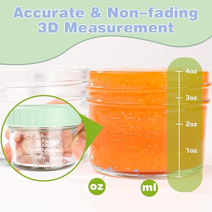 8 Pack Glass Baby Food Storage Containers, 4 oz Leakproof Baby Food Jars with Lids, Small Glass Food Containers for Infant Baby, Freezer Safe