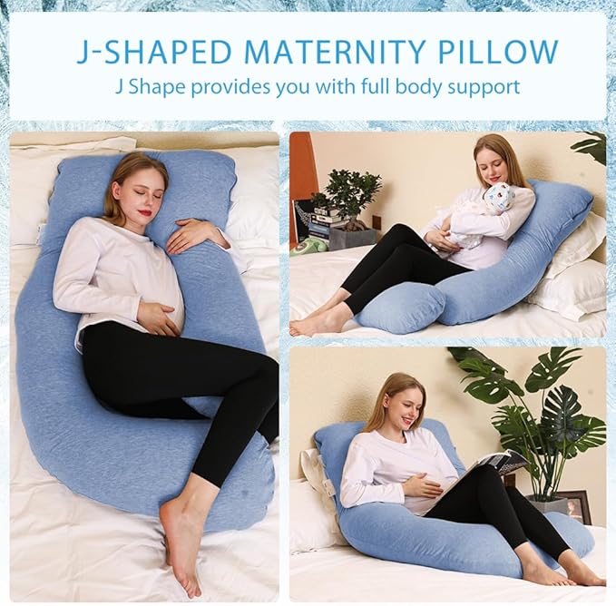 Chilling Home Pregnancy Pillow, U Shaped Pregnancy Pillows for Sleeping Full Body Pillow Maternity Pillow for Pregnant Women 58 inch, Pregnant Women Must Have with Removable Cover, Blue-Jersey