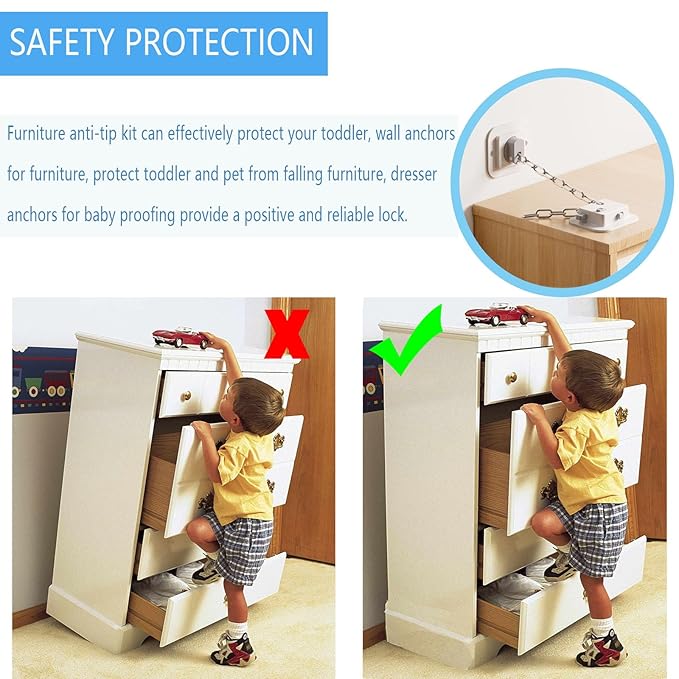 YEYA Upgraded Anti-Tip No Drill Furniture Anchor with 3M Adhesive 10" Adjustable Straps, Baby Proofing Wall Anchors for Child Safety, Playroom Essentials 4P