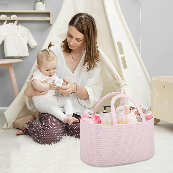 COMSE Large Baby Diaper Caddy Organizer for Girl Boy, Car Caddy with Handles, Cotton Rope Basket for Changing Table, Nursery Organizer, Gift for Baby Shower and Registry Must Have, Light pink