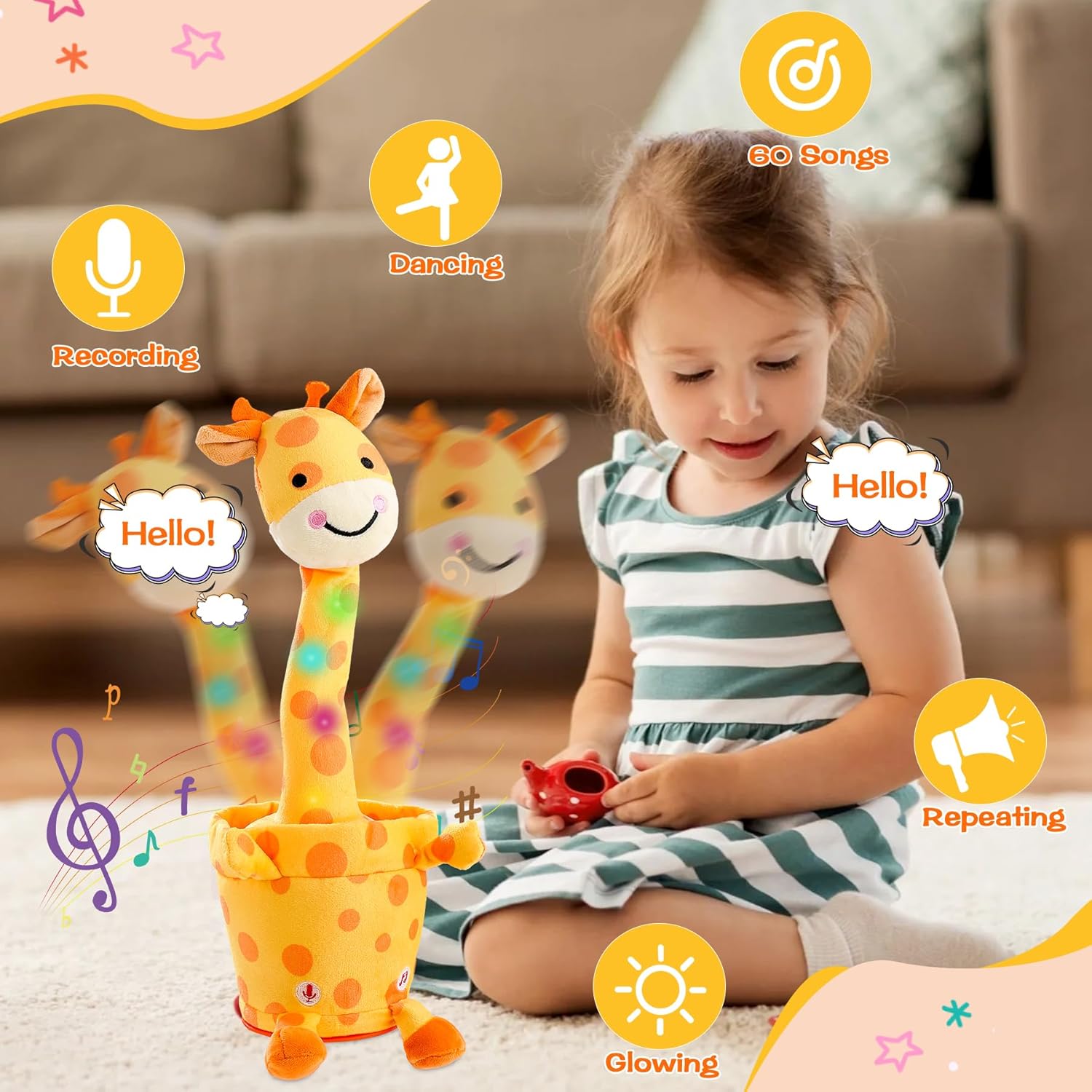 Dancing Talking Giraffe Toy, Stuffed Animal Baby Toy Repeating What You Say, Glowing Musical Electronic Giraffe Gifts for Toddlers 1-3 Years Old (Smiling Giraffe)
