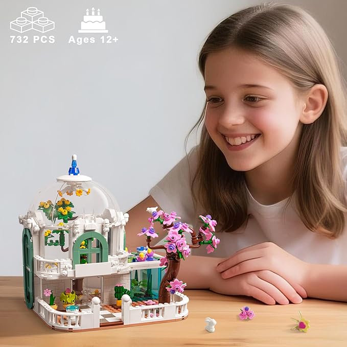 Botanical Garden Building Set, Flower Glass House Building Block Set with Luminous - 732 PCS Greenhouse Buiding Toy with Flowers Potted Plants Bunny Animals Model Xmas Gift for Adults Teens
