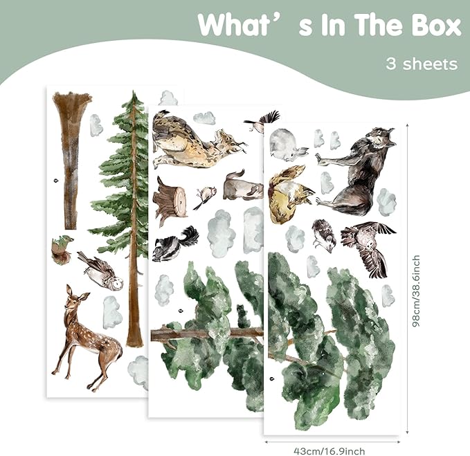 Large Woodland Animal Creature Wall Decals Peel and Stick Vinyl 52in Forest Pine Tree Animal Wall Decals Watercolor Jungle Safari Animal Wall Stickers Decor for Nursery Kids Room Toddler Baby Bedroom