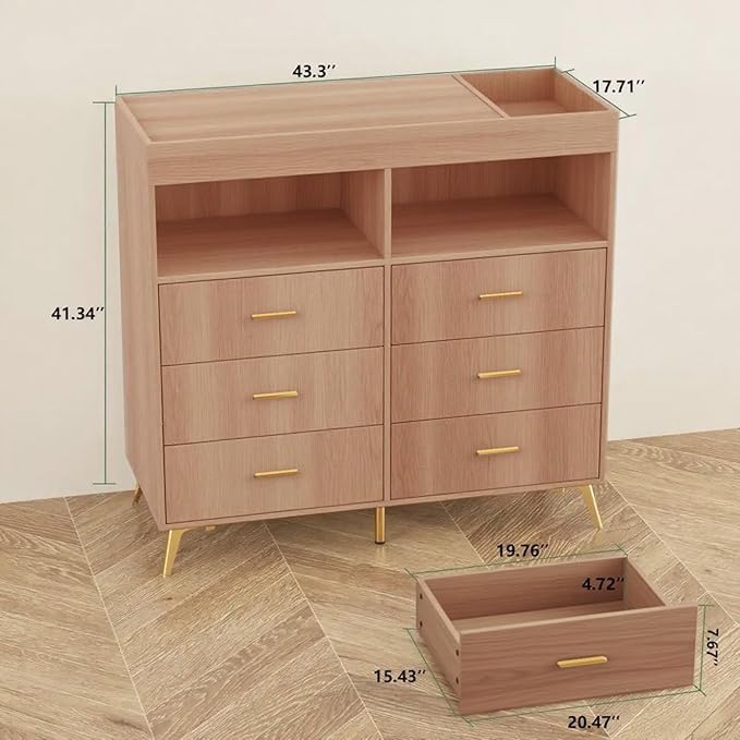 Changing Table Dresser with Drawers, Baby Dresser with Changing Table Top, Power Outlet, LED Light & Metal Feet, Diaper Changing Station Nursery Organizer for Infants Newborn (Natural)