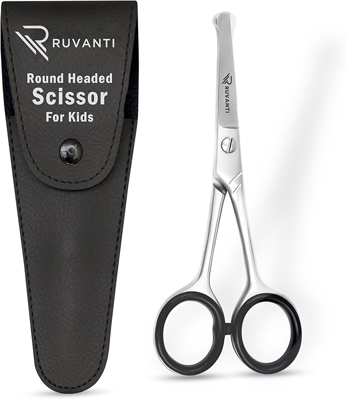 Ruvanti 5.2" Kids Hair Cutting Scissors - Safety Rounded Tip Barber Shears for Children, Infants & Facial Hair Trimming - Sharp Stainless Steel Blades, Ergonomic Grip - Ideal for Home & Salon Use