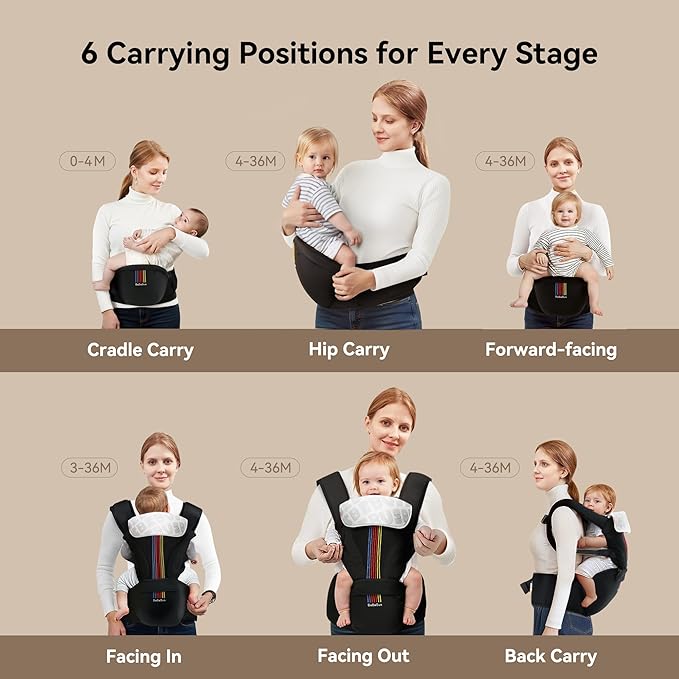 Baby Carrier with Hip Seat, BeBeBus 2-in-1 Ergonomic Newborn to Toddler Carrier up to 44 lbs, Detachable Hands-Free for Infant, All Season Forward-Facing Carry, Fits Waist Sizes up to 38 inch (Black)