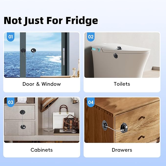 2 Pack Refrigerator Lock with Sticky Adhesive Pads, Child Proof Refrigerator/Fridge/Freezer Door Lock for Toddlers and Kids, Baby Safety Locks for RV Refrigerator, Cabinets and Drawers, Oven (Patent)