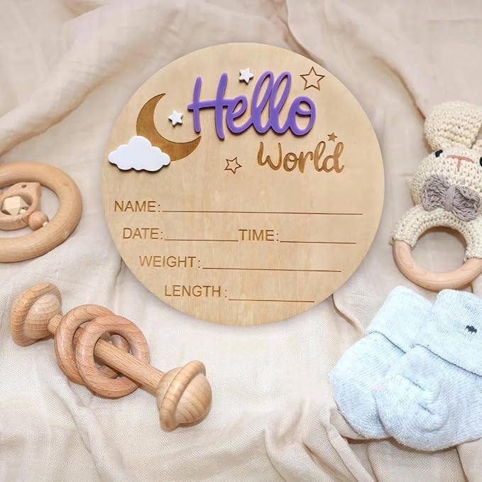 Baby Announcement Sign, 5.9 Inch Wooden Hello World Newborn Signs, Birth Announcement Sign and Pen, Moon and White Cloud Decoration, Welcome Newborn Arrival to World, Hospital Nursery for baby (Purple)