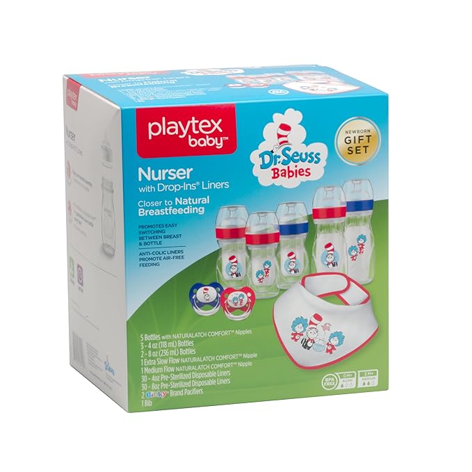Playtex Baby Dr. Seuss Newborn Gift Set with 5 Nurser Bottles (3X 4Oz, 2X 8Oz), 2 Binky Pacifiers, 60 Drop-Ins Liners & Bib, Bottles for Newborn and Breastfeeding Babies, Feeding Essentials