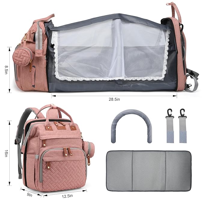 Diaper Bag Backpack with Changing Station, Large Diaper Bag For Boys And Girls, Multifunctional Waterproof Travel Diaper Backpack, Baby Bag with USB Charging Port for Moms Dads,pink