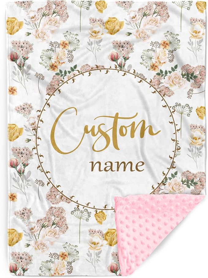 Personalized Name Baby Blanket, Soft Flannel with Double Layer Dotted Backing, Receiving Swaddle Blanket Suitable for Infants and Toddler, Flowers Design
