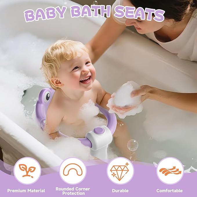 Baby Bath Seat for Babies 6 Months & Up - Toddler Bath Seats for Baby Sitting Up with 4 Suction Cups & Soft Cushion, Non-Slip Infants Shower Bathtub Chair for Newborn Girls, Purple