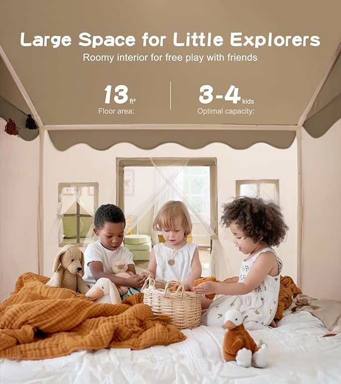Play Tent with Mat, Star Light Large Kids Playhouse with Windows Easy to Wash, Indoor and Outdoor Play Tents for Kids, Little Dove Toys for Girls, Boys, 47x40x52 (Brown Playhouse, Large Size)