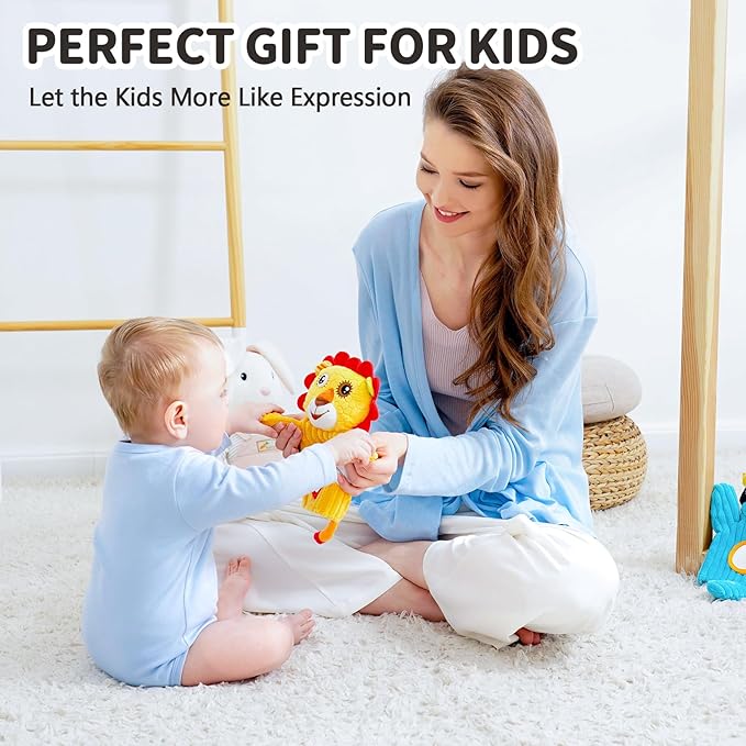 Jollybaby Hand Puppets Baby Toy 0-6-12 Months, Plush Stuffed Animal Hand Puppets Toys for Kids，Sensory Doll with Rattle and Mirror for Toddler，Social Emotional Play Therapy Toys for Boy Girl Gift