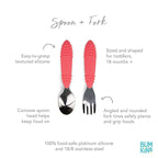 Bumkins Toddler Utensils, Kids Size Fork and Spoon Set, Silicone and Stainless-Steel Training Silverware, Angled Forks / Sporks for Self-Feeding, Children Hold Learning to Eat, 18 Months Up, Red