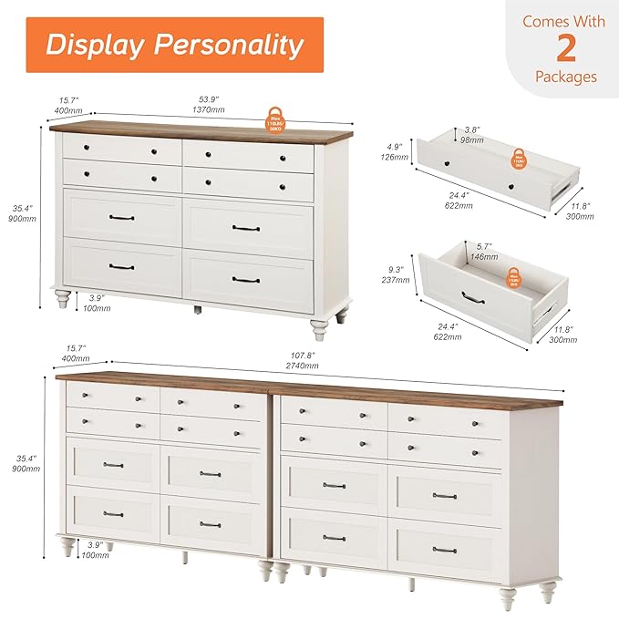 WAMPAT 2-in-1 Kids Dresser for Nursery with 16 Drawers, Off White Baby Dresser Set for Kids Room, Wide Wooden Chests & Dressers for Bedroom, Distressed Storage Organizer for Child’s Room, 54 Inch