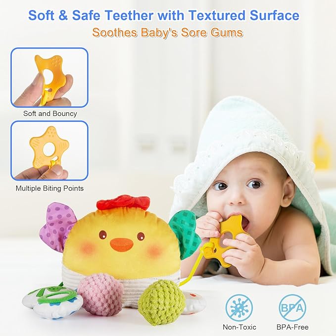 Car Seat Toy for Babies 0-6 Months, Stroller Toy with a Convenient clip, Carseat Toys Hanging Baby Accessories,Built-In Bell, Rattle,Squeaky,Mirror for infant,Babies Gift 0-3-6-12 months Boy Girl