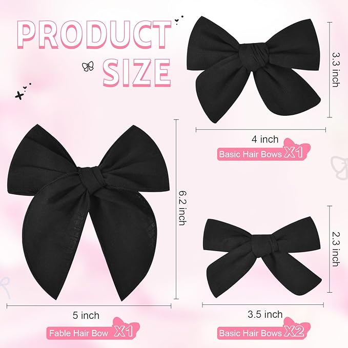 DEEKA 4 PCS Black Cotton Linen Hair Bows 3 Styles 5" & 4" Handmade Hair Bow set for Toddler Girls Alligator Hair Clips Knot Bows Hair Accessories for Little School Girls (Black)