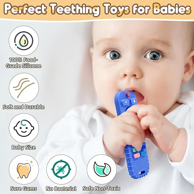 AiTuiTui Baby Teething Relief Chew Toys for 3 6 9 12 Months Essentials, Silicone Teether Remote Control Bath Toy for Autism Newborn Infant Boy Girl Baby Shower Birthday Gifts, Dark Blue