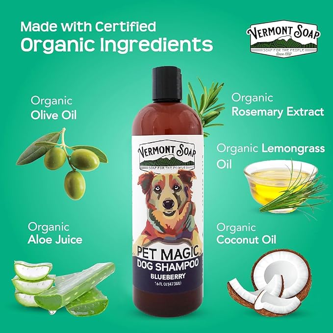 VERMONT SOAP Organics Pet Shampoo - Infused with Organic & Natural Olive Oil, Coconut & Aloe Vera Dog Shampoo for Sensitive Skin - USDA Certified Grooming Pet Shampoo - Blueberry (16oz)