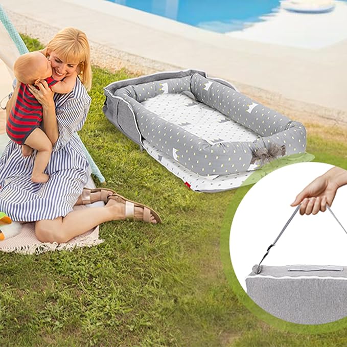 Baby Lounger for Newborn Portable Bag,Baby Lounger Play Mat for Awake-Time,Newborn Babies Essentials Gifts 0-24 Months Home Travel(Crown Grey)