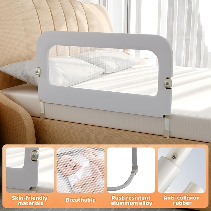 omzer Large Bed Guard Rail for Toddlers - 59inch Foldable & Adjustable Heights Baby Bed Safety Railing - Toddler Long Bed Rails Guard for Twin, Bunk, Queen & King, Full Size Bed Grey
