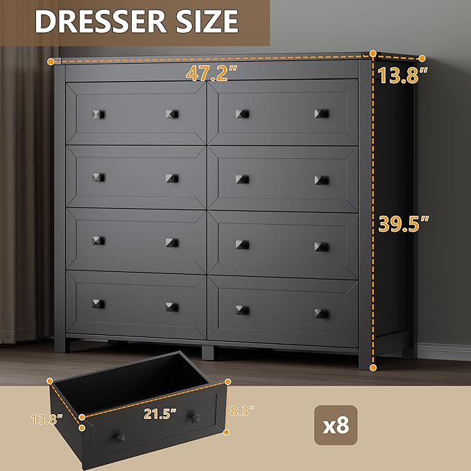 Tall 8-Drawer Dresser, Modern Wooden Storage Chest of Drawers, Dresser TV Stand, Wood Drawer Organizer with Metal Handles for Bedroom, Living Room, Hallway