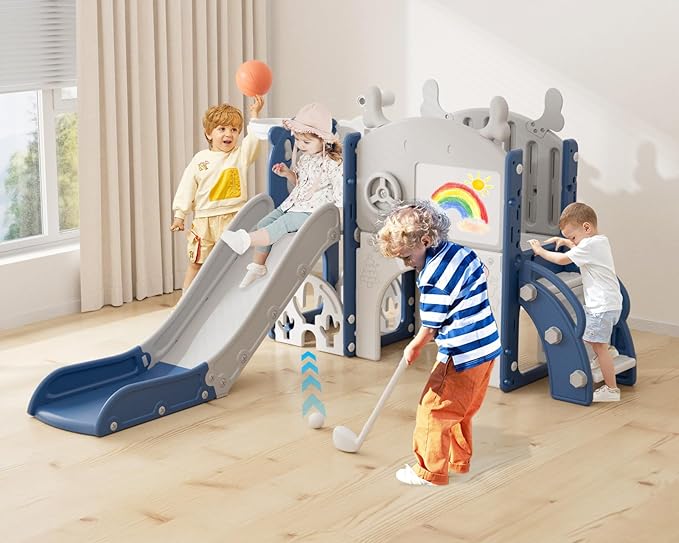 YUFU 12 in 1 Kids Slide for Toddlers, Toddler Slide Playset with Golf, Drawing Board, Climber, Basketball Hoop and Storage Space, Indoor Outdoor Toddler Playground for Kids Age 1-3 (Blue)